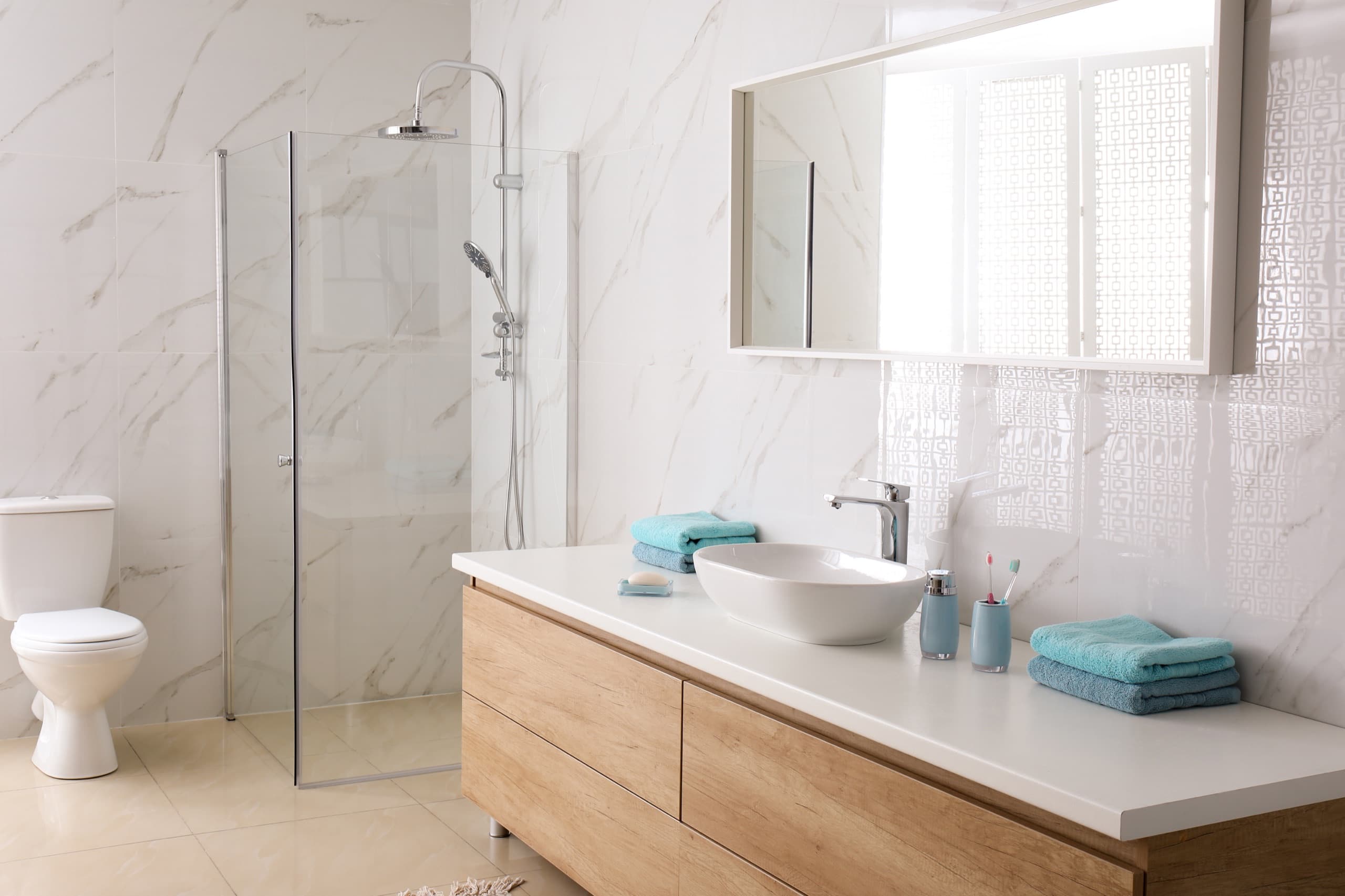 White marble master bath